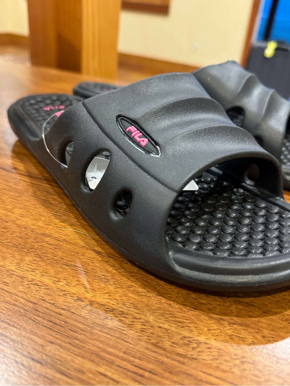 Fila Black Slide Sandals with Pink Logo